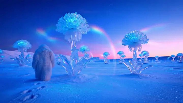 A traveler walking through giant crystalline flowers